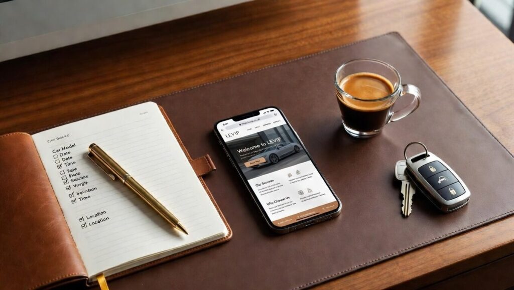 Modern commercial flat lay: booking a luxury vehicle via LEVIP app on phone, with notebook to-do list, espresso and sophisticated car keys