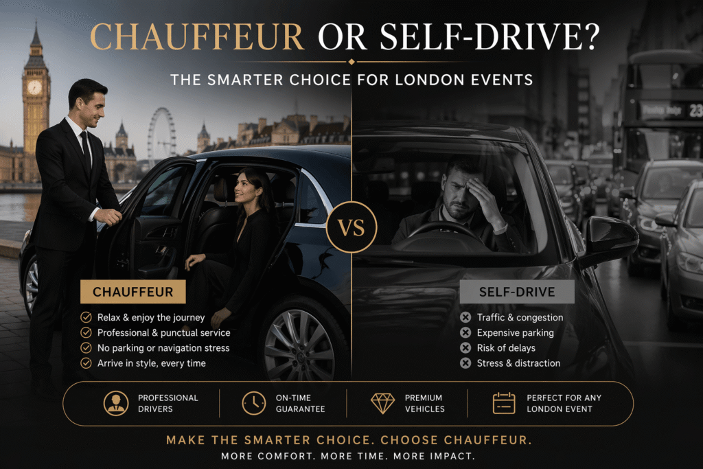 Luxury marketing banner comparing chauffeur service and self-drive for London events, showing a professional chauffeur assisting a passenger on the left and a stressed driver in traffic on the right, highlighting comfort, punctuality, and stress-free travel versus congestion and driving stress.