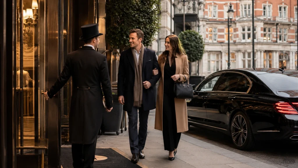 Professional London concierge welcoming a stylish couple at a luxury hotel entrance while a black chauffeur car waits outside.