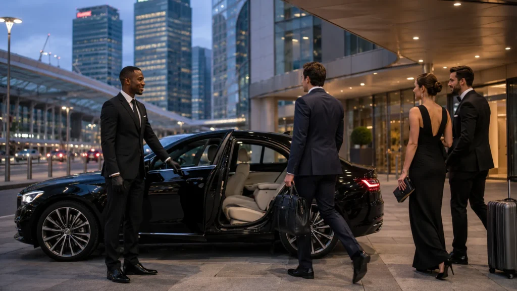 Professional chauffeur welcoming business and event guests into a black luxury car outside a modern London hotel and business district.
