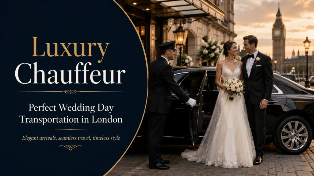 Bride and groom arriving by black luxury chauffeur car outside an elegant London wedding venue with a professional chauffeur opening the door.