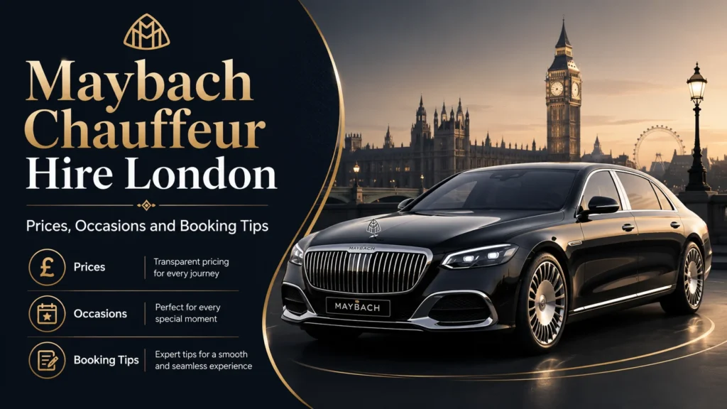 Luxury Maybach chauffeur car in London with Big Ben in the background and service details for prices, occasions and booking tips.