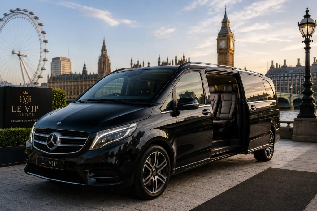 Black Mercedes V-Class with open sliding door in London near Westminster, showing luxury group chauffeur travel for airports, events and business passengers.