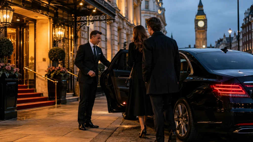 Professional chauffeur opening a black luxury car for elegant guests outside a premium London hotel at dusk.