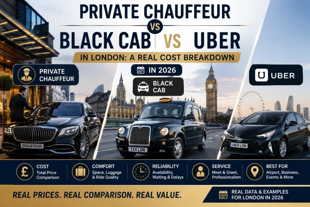 Comparison banner showing private chauffeur, black cab and Uber travel options in London with cost, comfort, reliability and service factors for 2026.