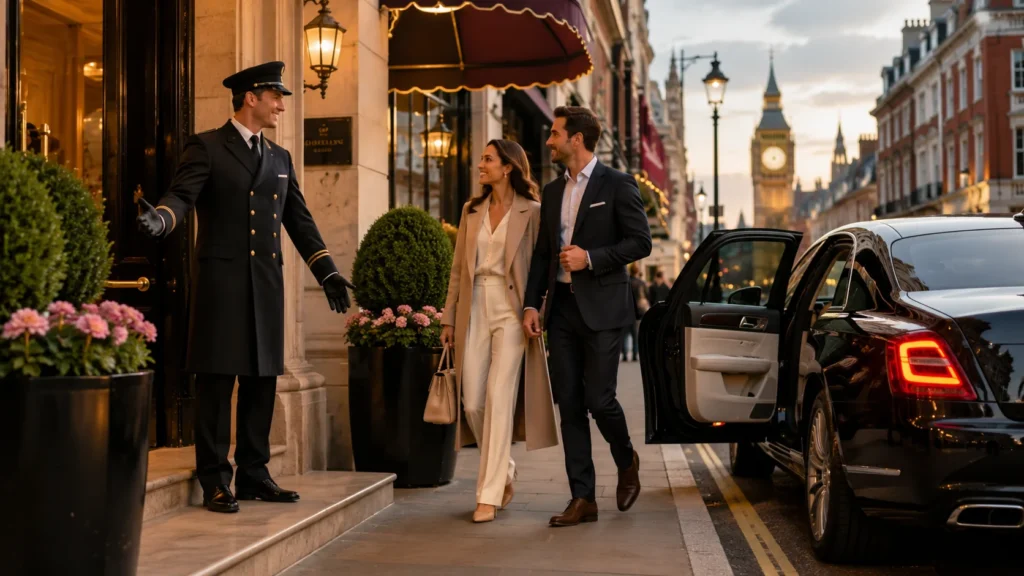 Luxury London concierge welcoming a stylish couple outside a premium hotel while a black chauffeur car waits nearby.