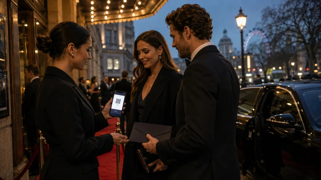 Concierge team member checking VIP ticket access for elegant guests outside a London premiere venue with a luxury chauffeur car nearby.