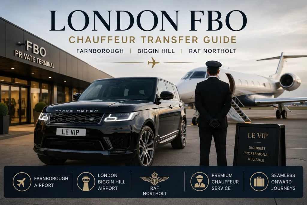 Luxury FBO chauffeur transfer in London with a Range Rover, private jet and professional chauffeur serving Farnborough, Biggin Hill and RAF Northolt.